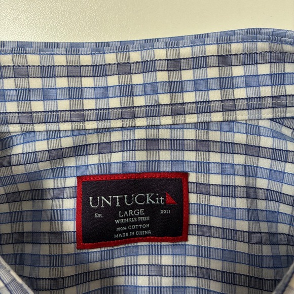 UNTUCKit Button Down Shirt Large Blue Gingham Check Wrinkle Free Oxford - Picture 3 of 8